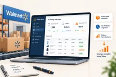 A Walmart listing beside its stock record, with available quantity, lag time and cancellation rate marked