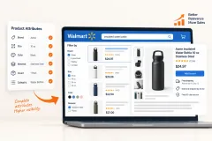 A Walmart listing split into title, attributes, description and images, with the attribute block marked empty