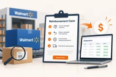 A Walmart settlement report with three discrepancies marked, a wrong weight fee, a missing return and a lost item