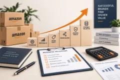 A profit and loss statement on a desk beside a stack of product boxes and a calculator, a pen on the last twelve months