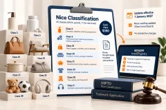 A founder comparing product samples (a bottle, a phone case, a T-shirt, a toy) on a desk beside a laptop showing a form
