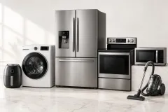 An air fryer, washing machine, fridge freezer, cooker, microwave and vacuum cleaner on a marble floor