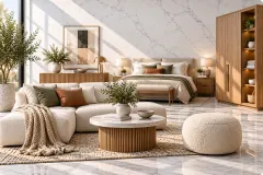 Modern home furnishings styled in a bright room for a Google Ads case study.
