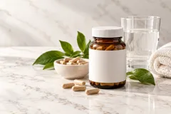 Several small unbranded low cost items on white marble in daylight, a leafy plant in a speckled ceramic pot at the left.
