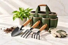 Five unbranded mid value items on honed travertine in daylight, a leafy plant in a speckled ceramic pot at the left edge.