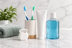 Two toothbrushes in a holder with an unbranded tube, floss and mouthwash on a marble surface