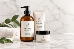 Unbranded beauty and personal care products on white marble in soft natural light.