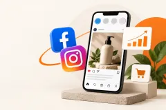 Three phones showing three advert creatives for one skincare jar, the jar in front of them, and a creative test sheet