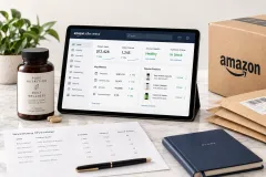 A supplement bottle beside its product page on a tablet, an inventory sheet, kraft mailers and a shipping carton