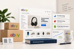 Open-box headphones in a white box beside a listing sheet of item specifics, a stack of boxes and a labelled mailer