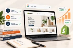 A laptop showing a storefront collection page for a candle, the candle itself, a site structure sheet and kraft mailers