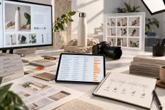 A keyword sheet, a product under studio light, a contact sheet, a page layout and material swatches, squared up on a desk