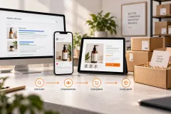 A search results page, an advert, the product, its page on a tablet and packed orders, laid out as one connected chain