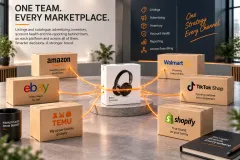 One product at the centre of six rows of shipping cartons, one row per sales channel, tied to it by a single orange thread