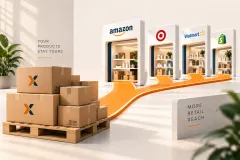 Boxes on a pallet with an orange path leading into Amazon, Target, Walmart and Shopify storefront displays