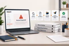 A laptop showing an Amazon account suspension beside a five step flow ending in the account reinstated