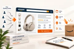 Two tablets showing the same mug's product page, one cluttered and one clear, the mug between them and packed orders