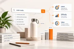A search box reading water bottle with its suggestions, a product on a plinth and bars marked low, mid and high value