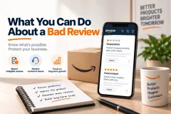 A phone showing a one star and a five star Amazon review beside a parcel and a notebook of review guidelines