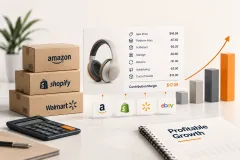 Parcels branded Amazon, Shopify and Walmart beside a card breaking a sale price down to its contribution margin